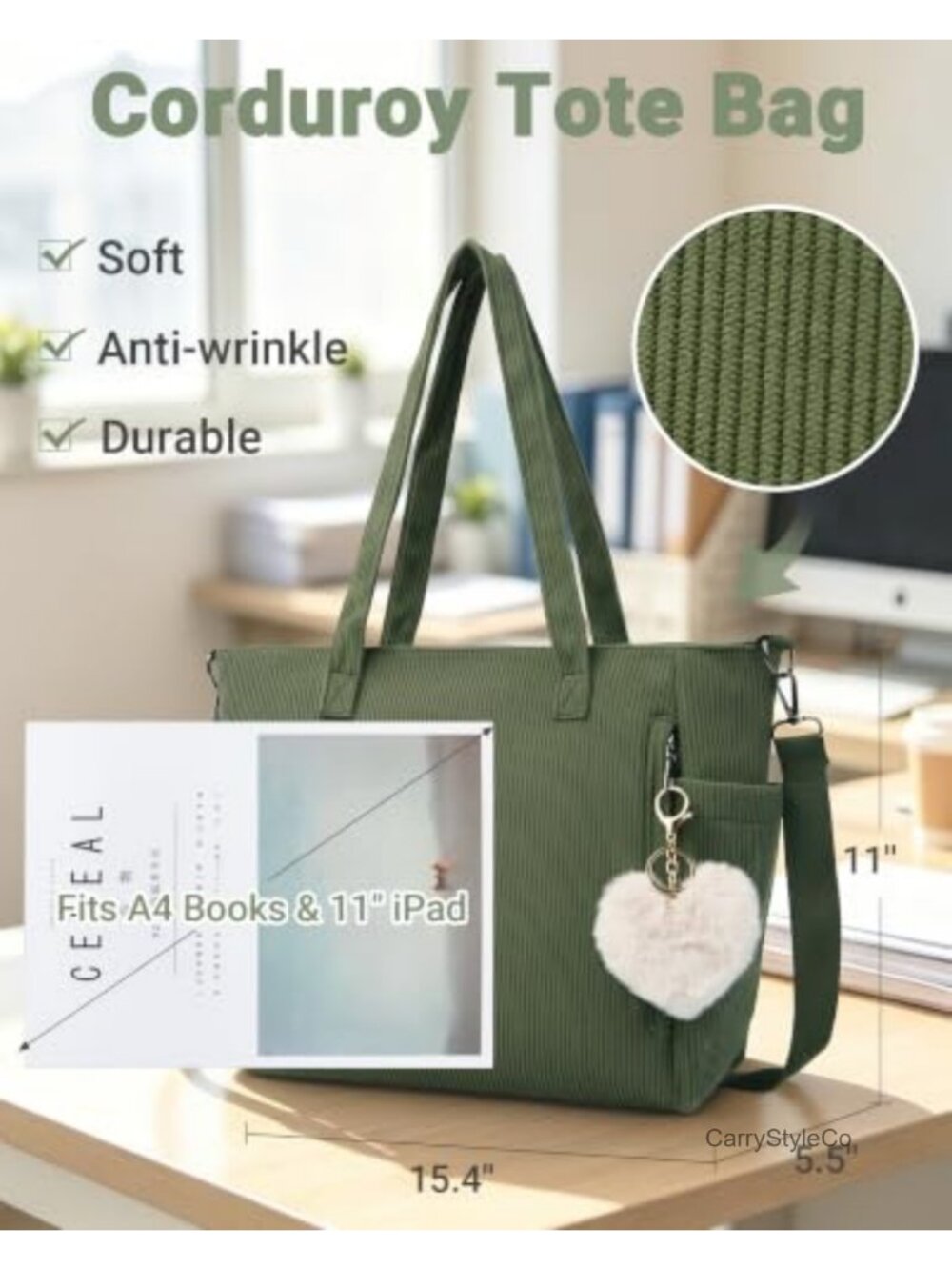 Corduroy Tote Bag Adjustable Strap Shoulder Hobo Crossbody Handbag Purse - Picture 3 of 6